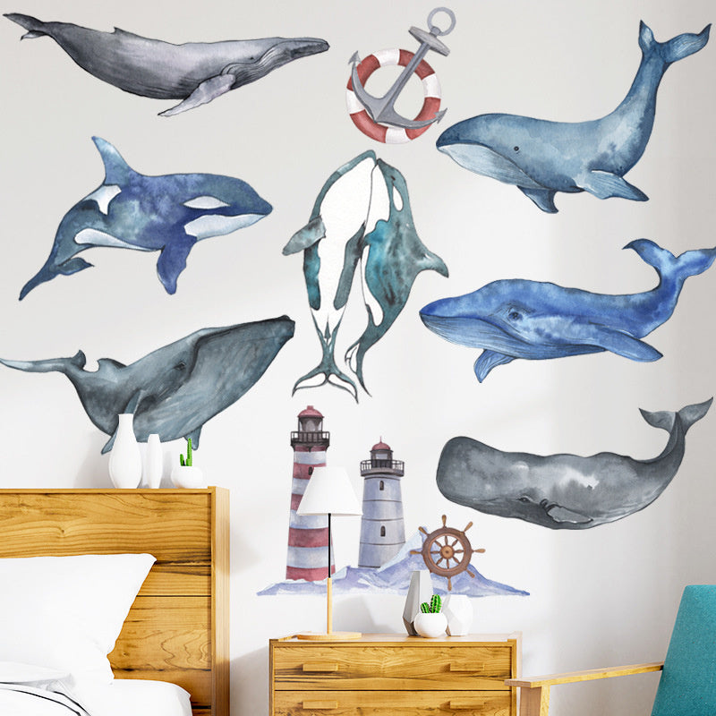 Muurstickers Walvissen & Orka’s – Aquarel Zee Dieren, Zelfklevend & Verwijderbaar