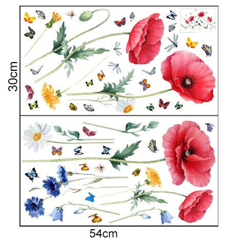Statische Raamsticker Rode Bloemen & Vlinders – Herbruikbaar
