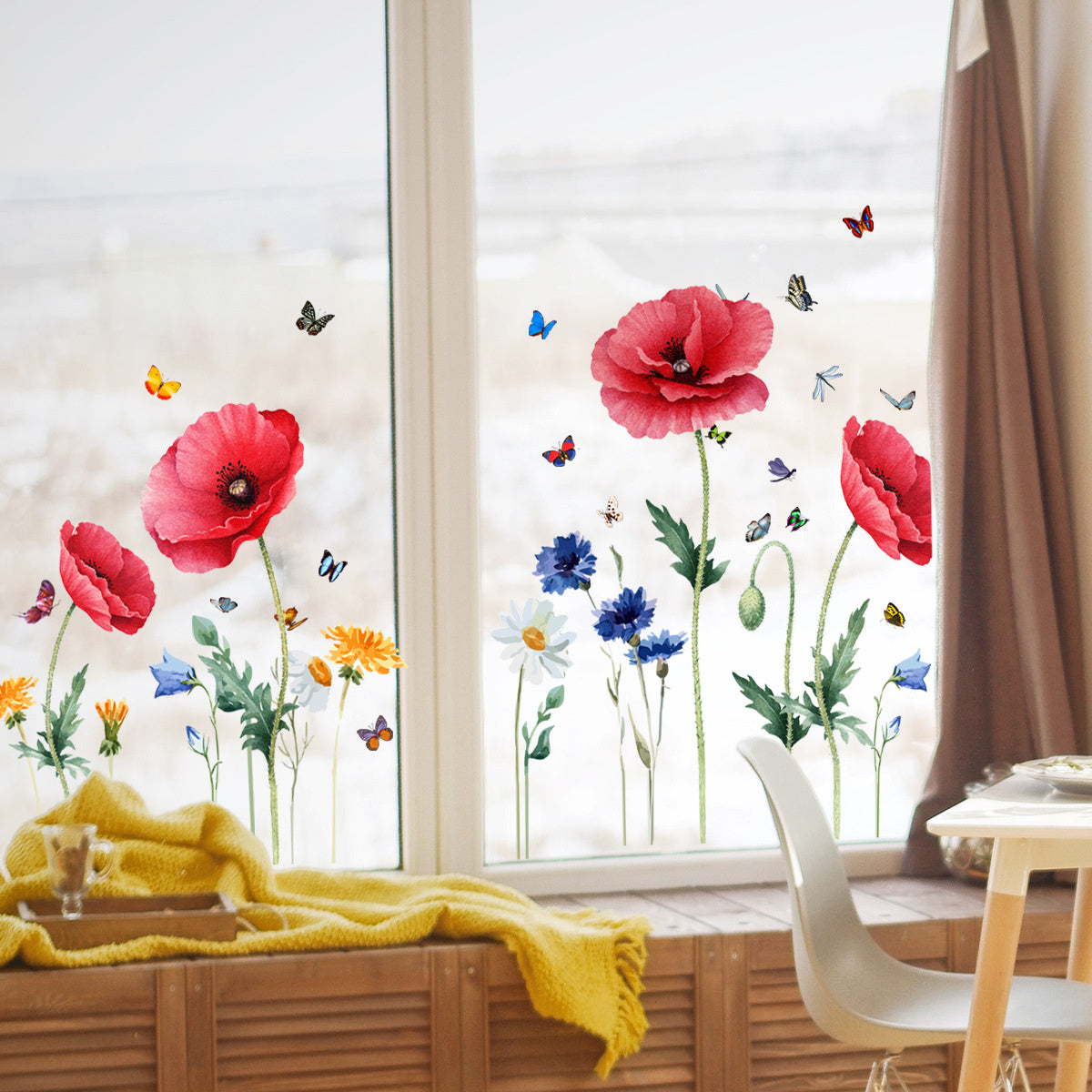 Statische Raamsticker Rode Bloemen & Vlinders – Herbruikbaar