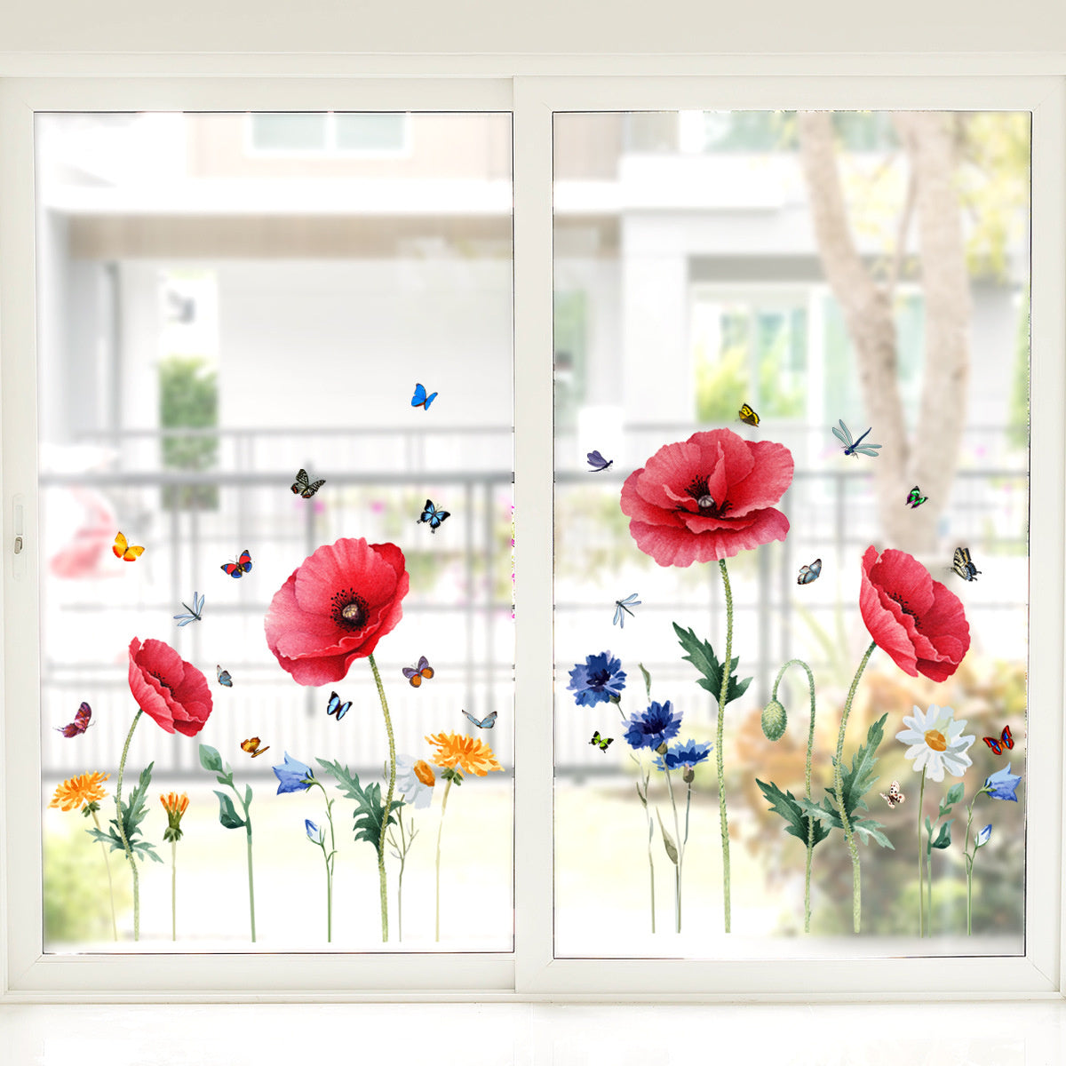 Statische Raamsticker Rode Bloemen & Vlinders – Herbruikbaar