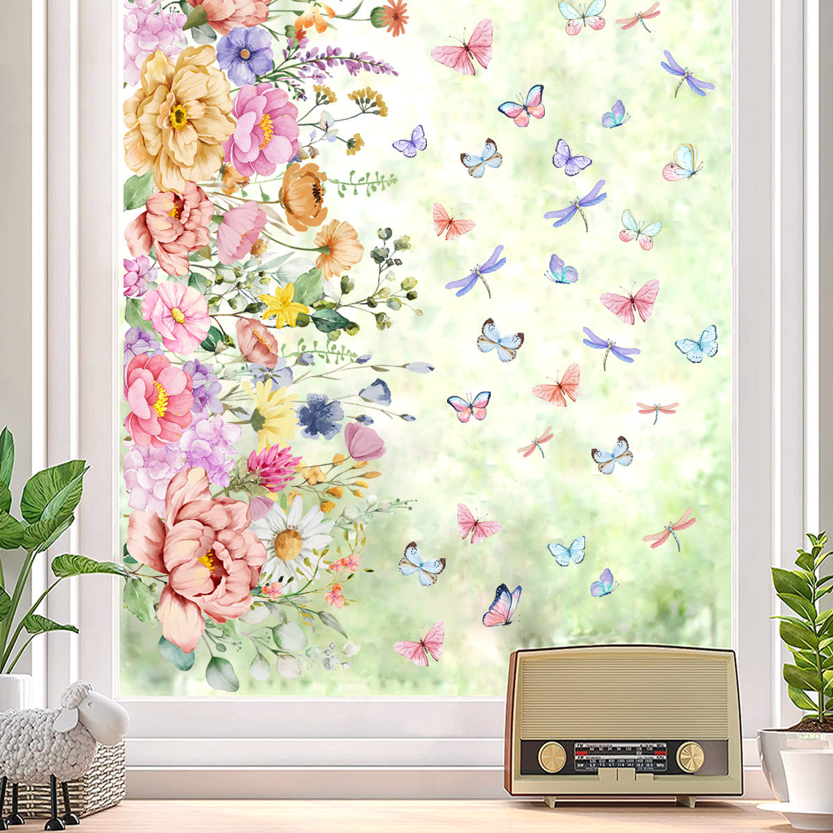 Raamsticker statisch kleurrijke pastel bloemenstrook, vlinders en libellen