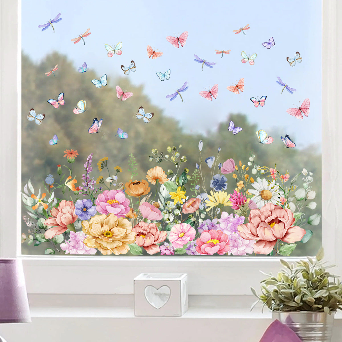 Kleurrijke pastel bloemenstrook, vlinders en libellen statische raamsticker