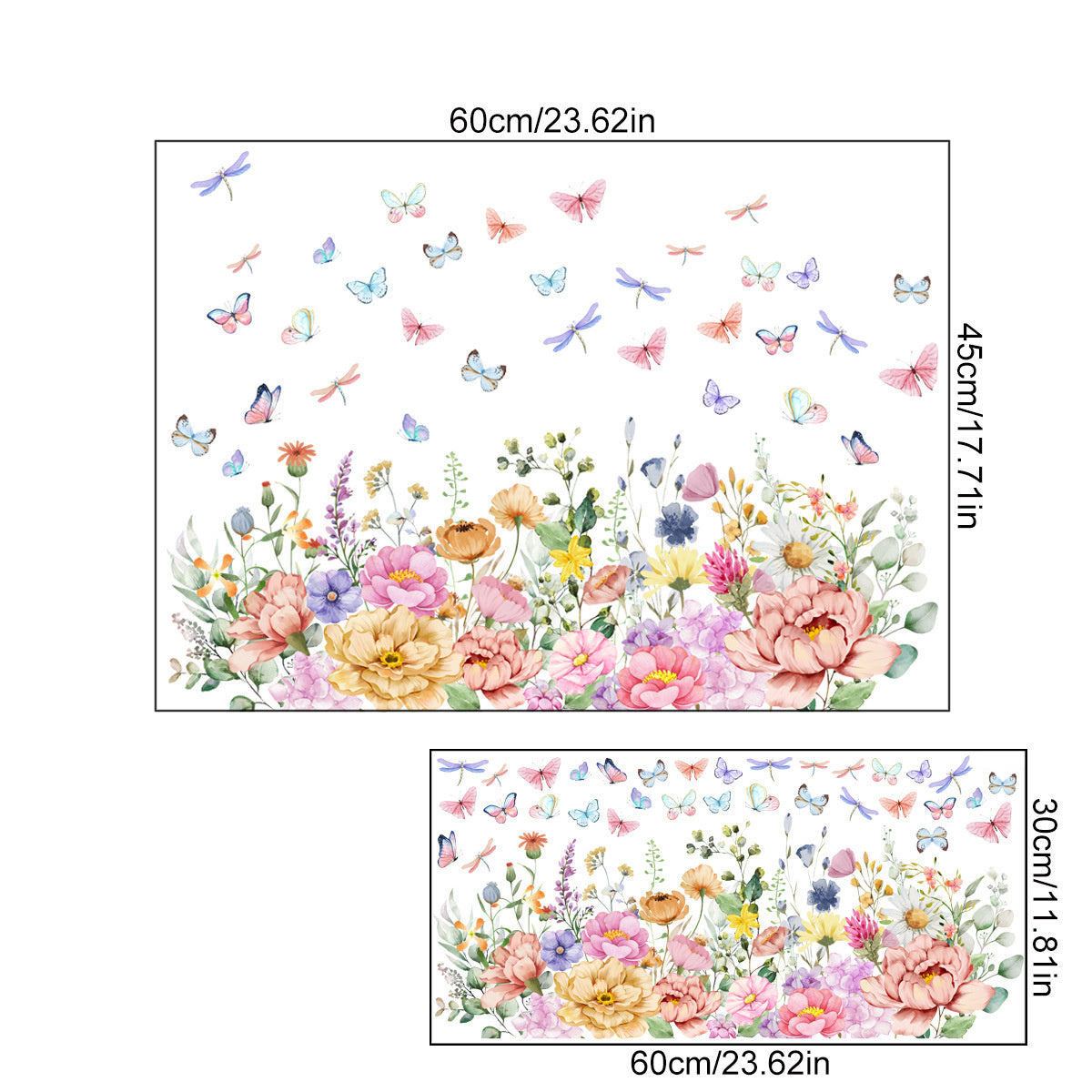 Kleurrijke pastel bloemenstrook, vlinders en libellen statische raamsticker