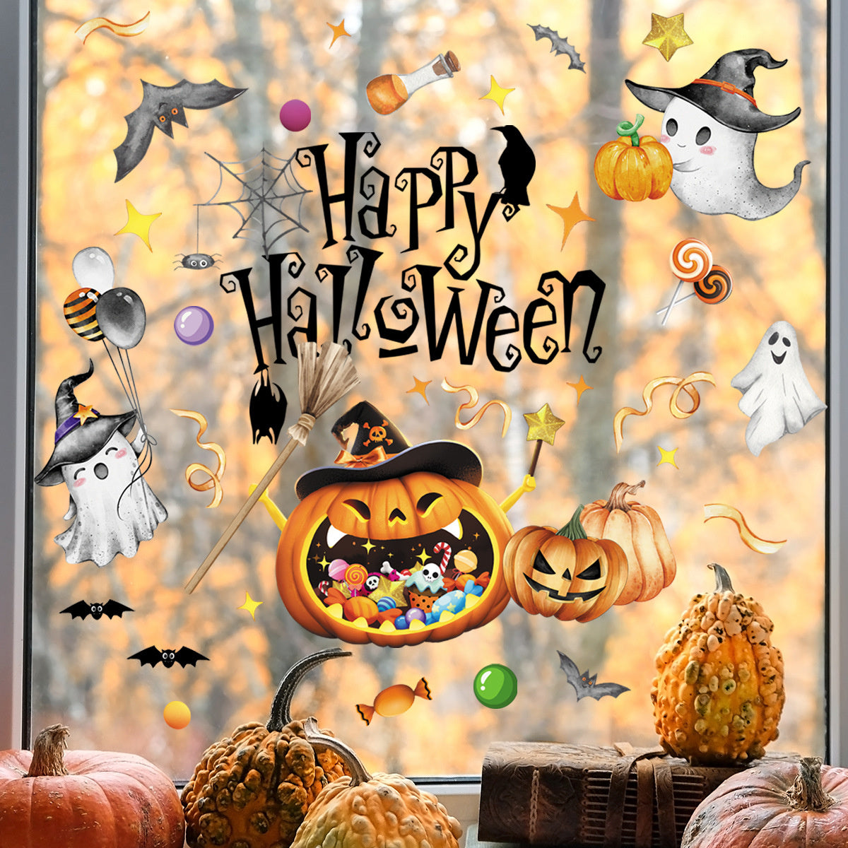Statische Raamsticker Halloween – Spookjes, Pompoenen & Dubbelzijdig Zichtbaar