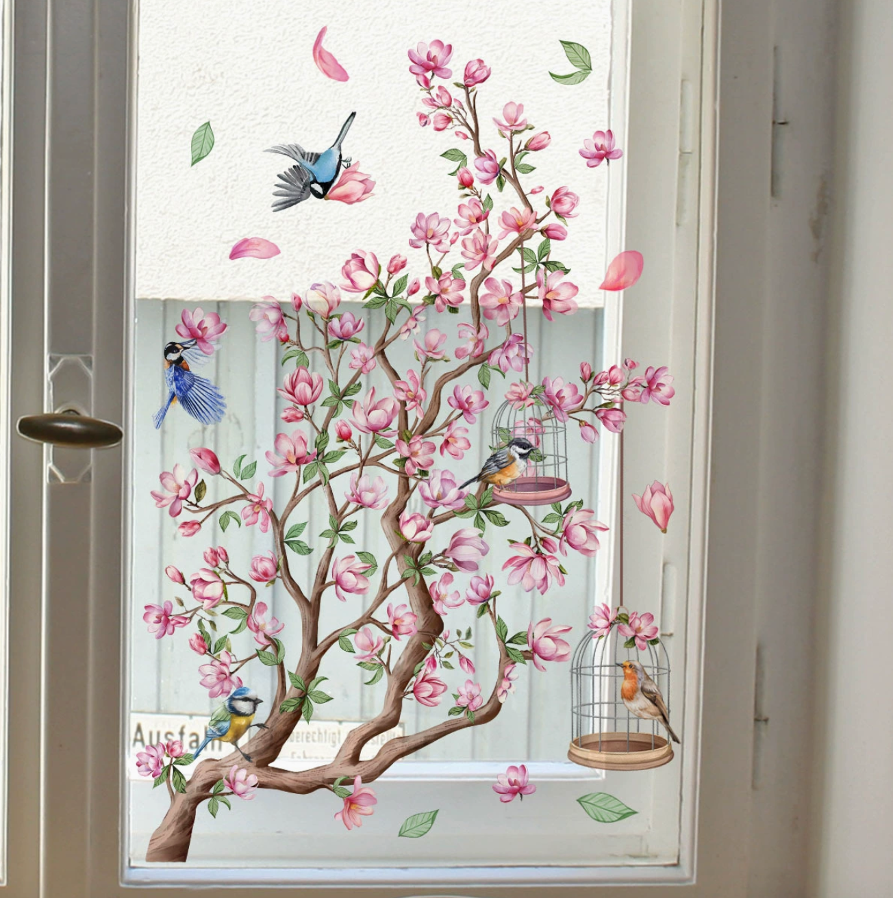 Statische bloesem tak raamsticker dubbelzijdig geprint met Bloemen, Vogels  – Dubbelzijdige Decoratie