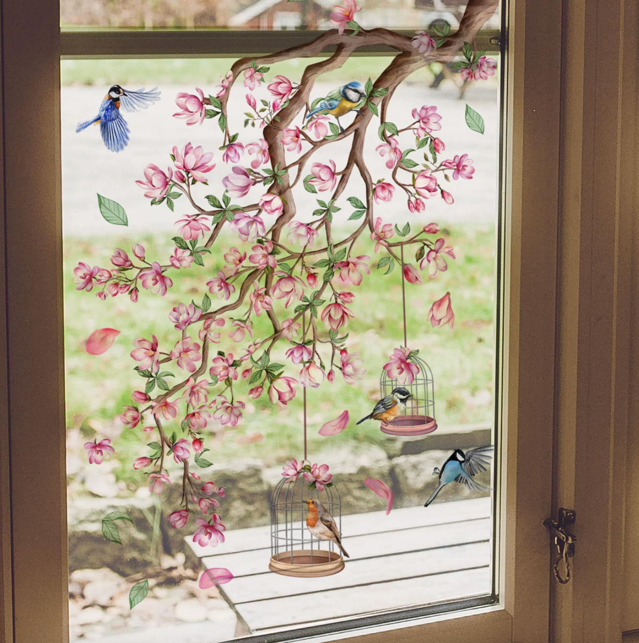 Statische bloesem tak raamsticker dubbelzijdig geprint met Bloemen, Vogels  – Dubbelzijdige Decoratie