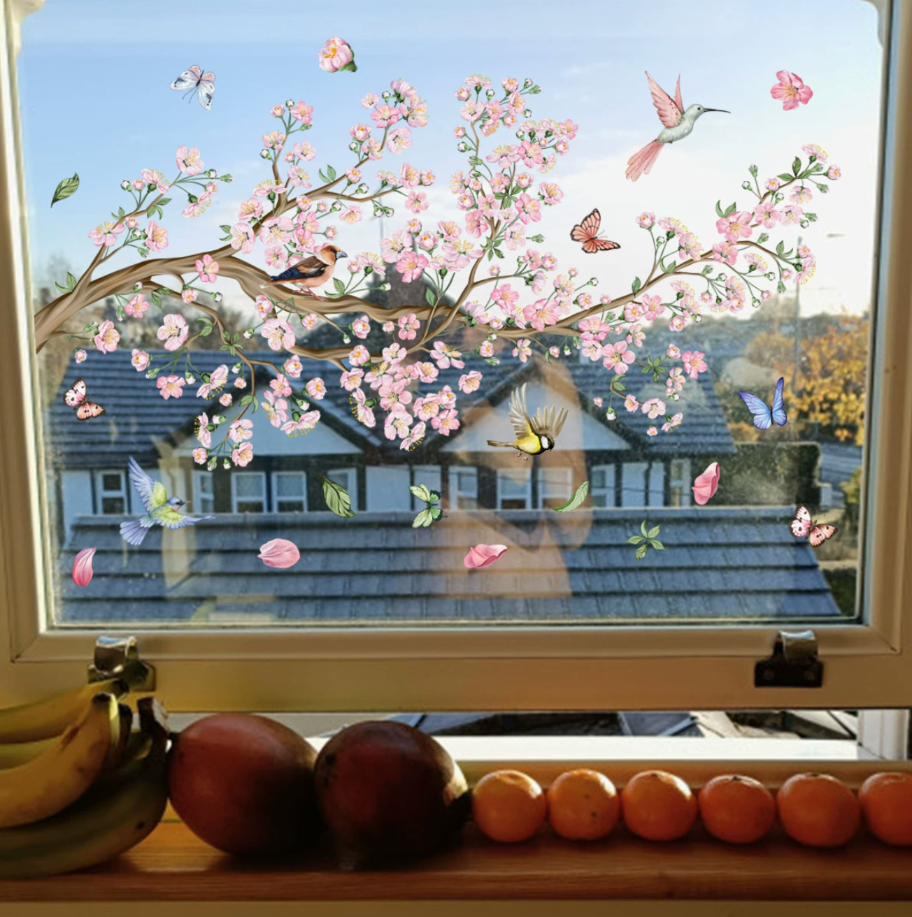 Statische bloesem tak raamsticker dubbelzijdig geprint met Bloemen, Vogels  – Dubbelzijdige Decoratie