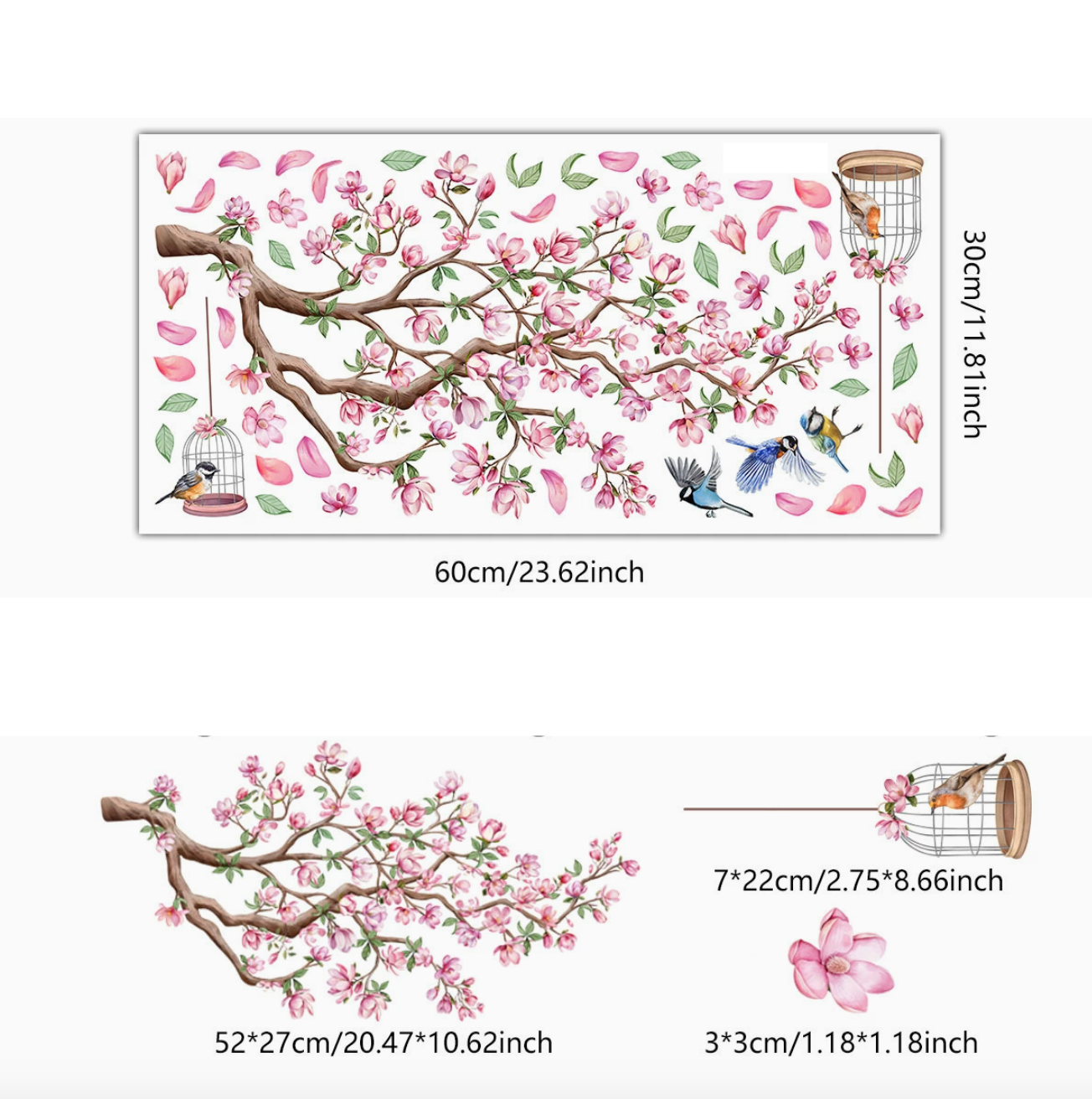 Statische bloesem tak raamsticker dubbelzijdig geprint met Bloemen, Vogels  – Dubbelzijdige Decoratie