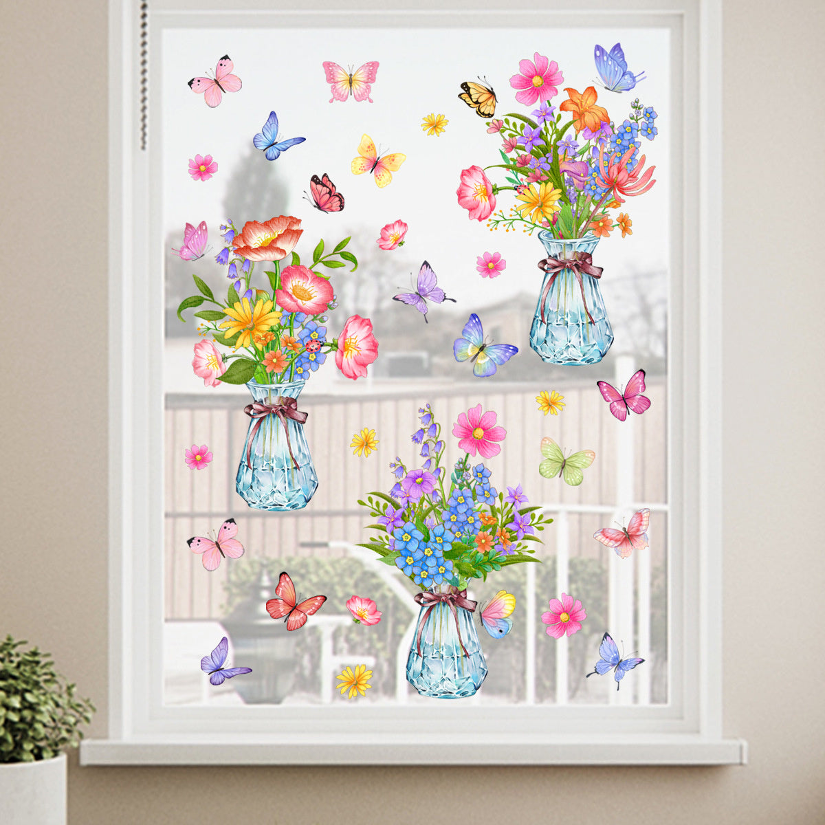 Statische Raamstickers bloempotten dubbelzijdig geprint met Groene Planten en Bloemen – Natuurlijke Glasdecoratie voor Ramen en Etalages