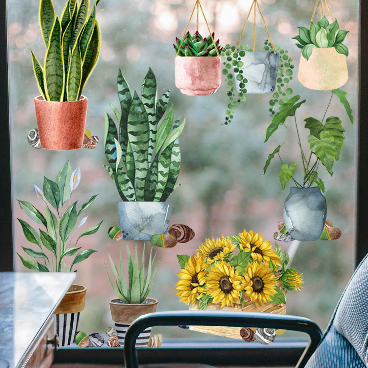 Statische Raamstickers dubbelzijdig geprint met Groene Planten en Bloemen – Natuurlijke Glasdecoratie voor Ramen en Etalages