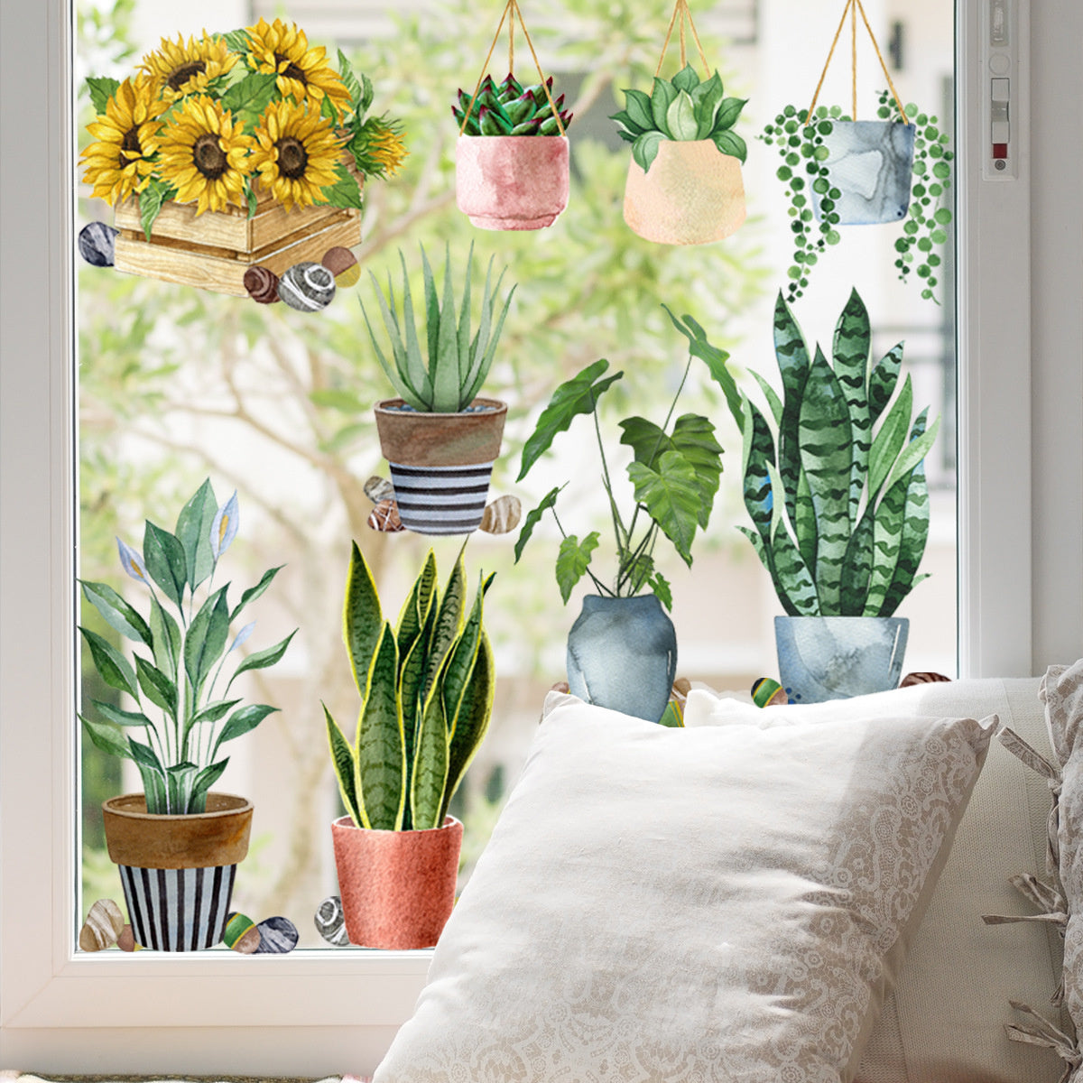 Statische Raamstickers dubbelzijdig geprint met Groene Planten en Bloemen – Natuurlijke Glasdecoratie voor Ramen en Etalages
