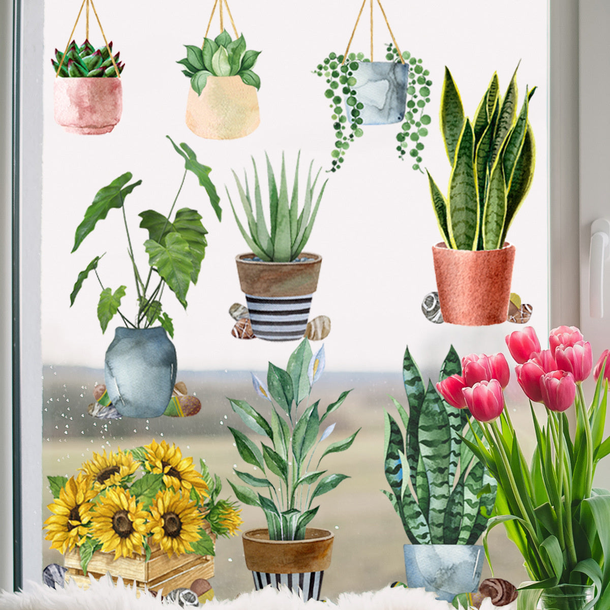 Statische Raamstickers dubbelzijdig geprint met Groene Planten en Bloemen – Natuurlijke Glasdecoratie voor Ramen en Etalages