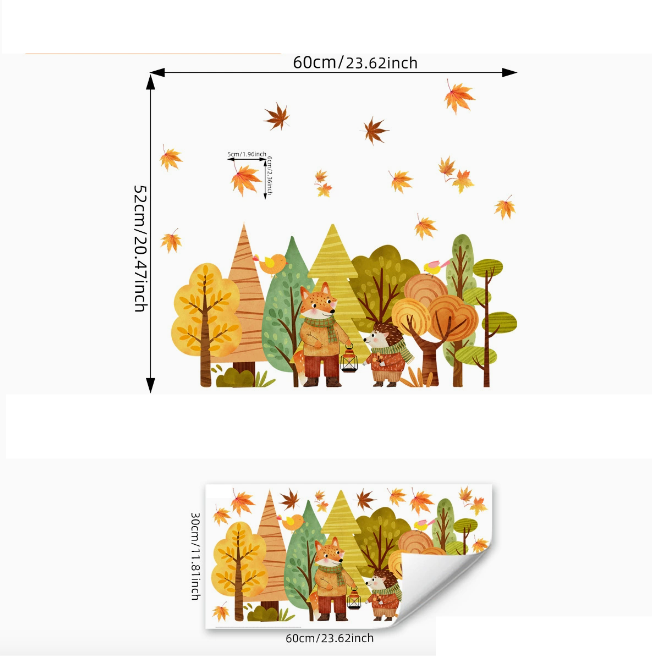 Statische Raamsticker dubbelzijdig geprint Bosdieren – Dubbelzijdige Herfstdecoratie met Esdoornblad, Vos & Egel