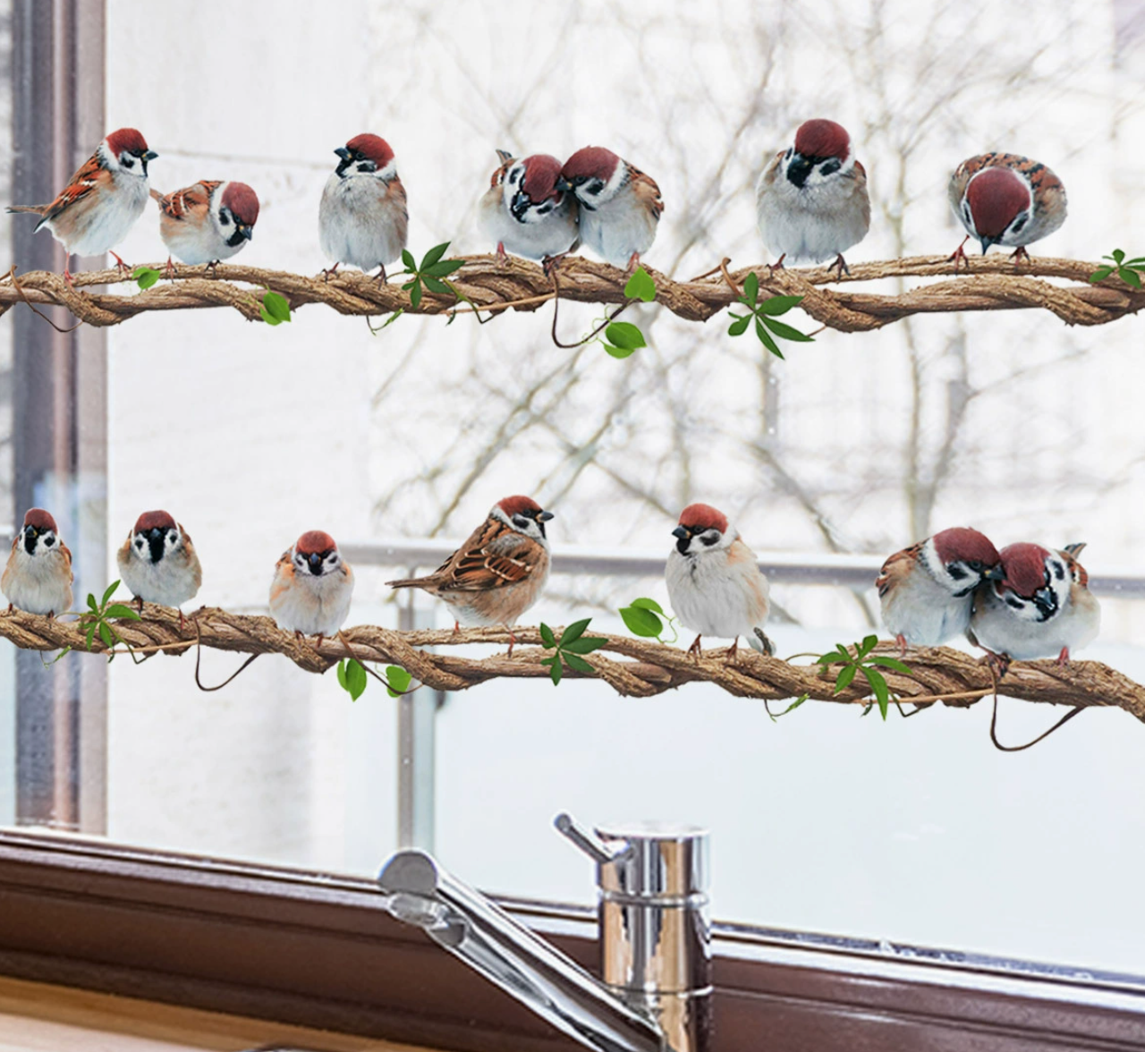 Statische Raamstickers Dubbele Rij Klimop met Vogels – Herbruikbare Glasstickers Zonder Lijm voor Ramen & Deuren