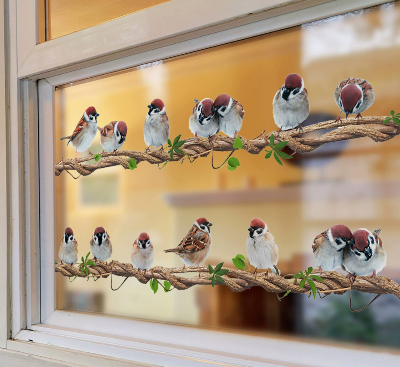 Statische Raamstickers Dubbele Rij Klimop met Vogels – Herbruikbare Glasstickers Zonder Lijm voor Ramen & Deuren