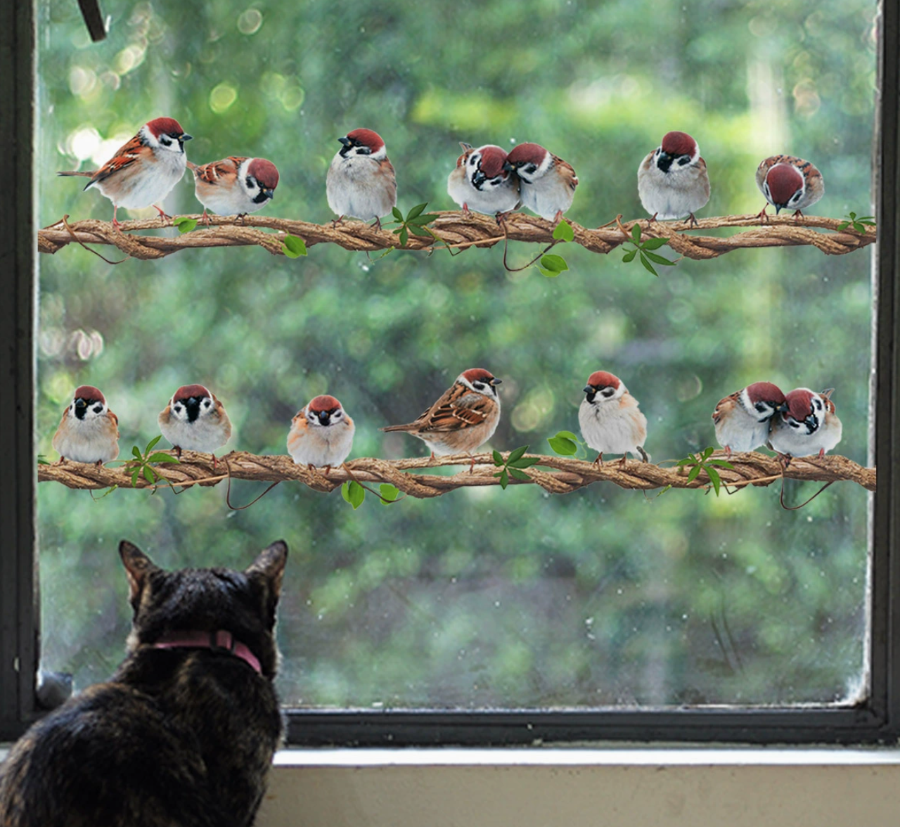 Statische Raamstickers Dubbele Rij Klimop met Vogels – Herbruikbare Glasstickers Zonder Lijm voor Ramen & Deuren