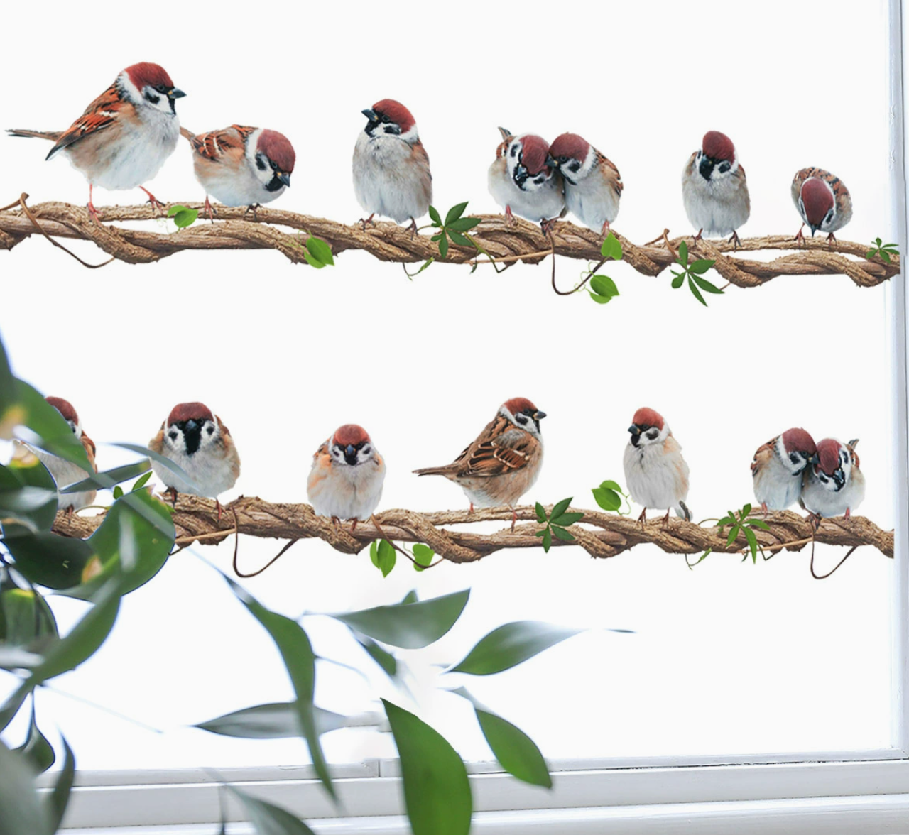 Statische Raamstickers Dubbele Rij Klimop met Vogels – Herbruikbare Glasstickers Zonder Lijm voor Ramen & Deuren