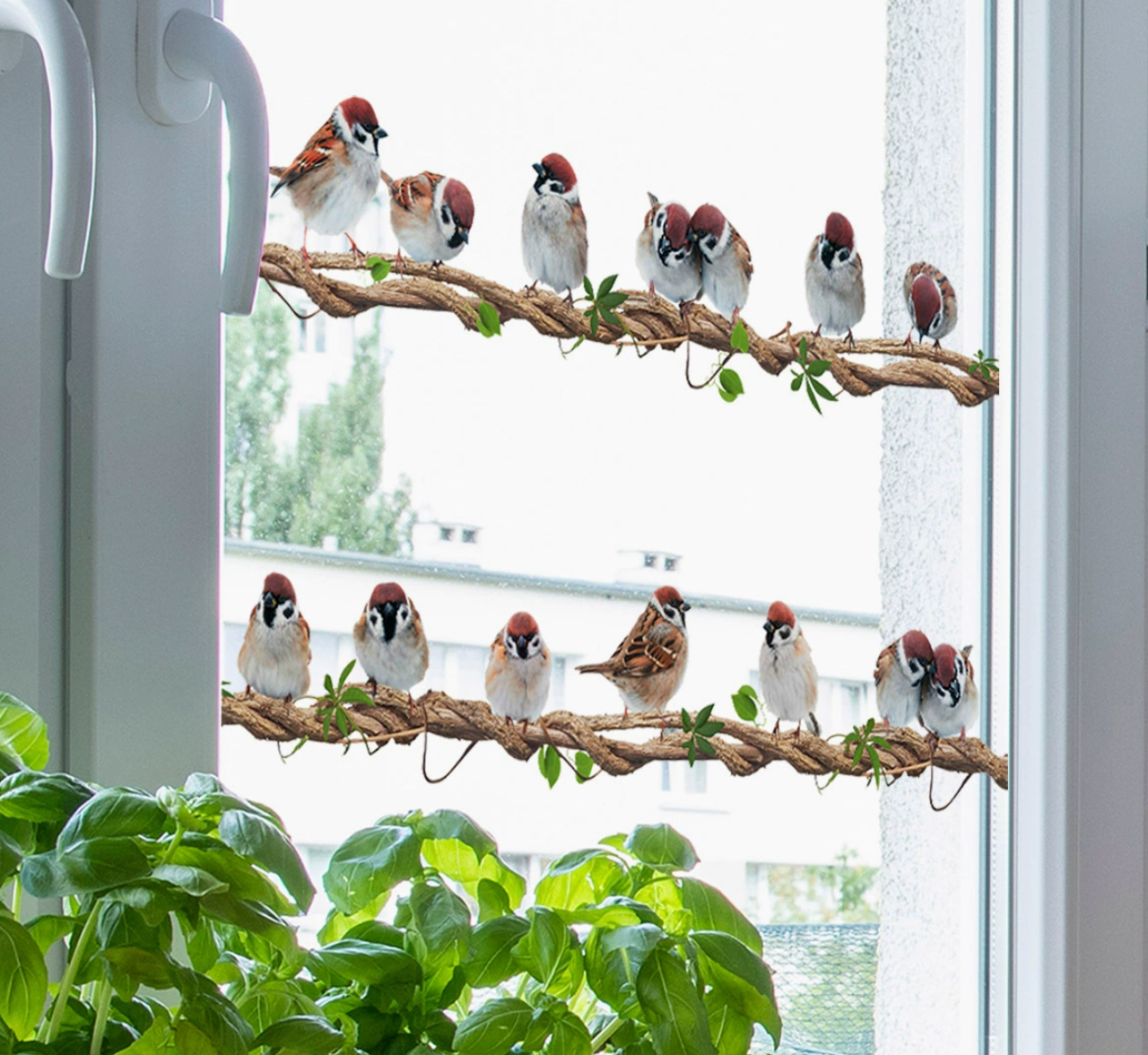 Statische Raamstickers Dubbele Rij Klimop met Vogels – Herbruikbare Glasstickers Zonder Lijm voor Ramen & Deuren