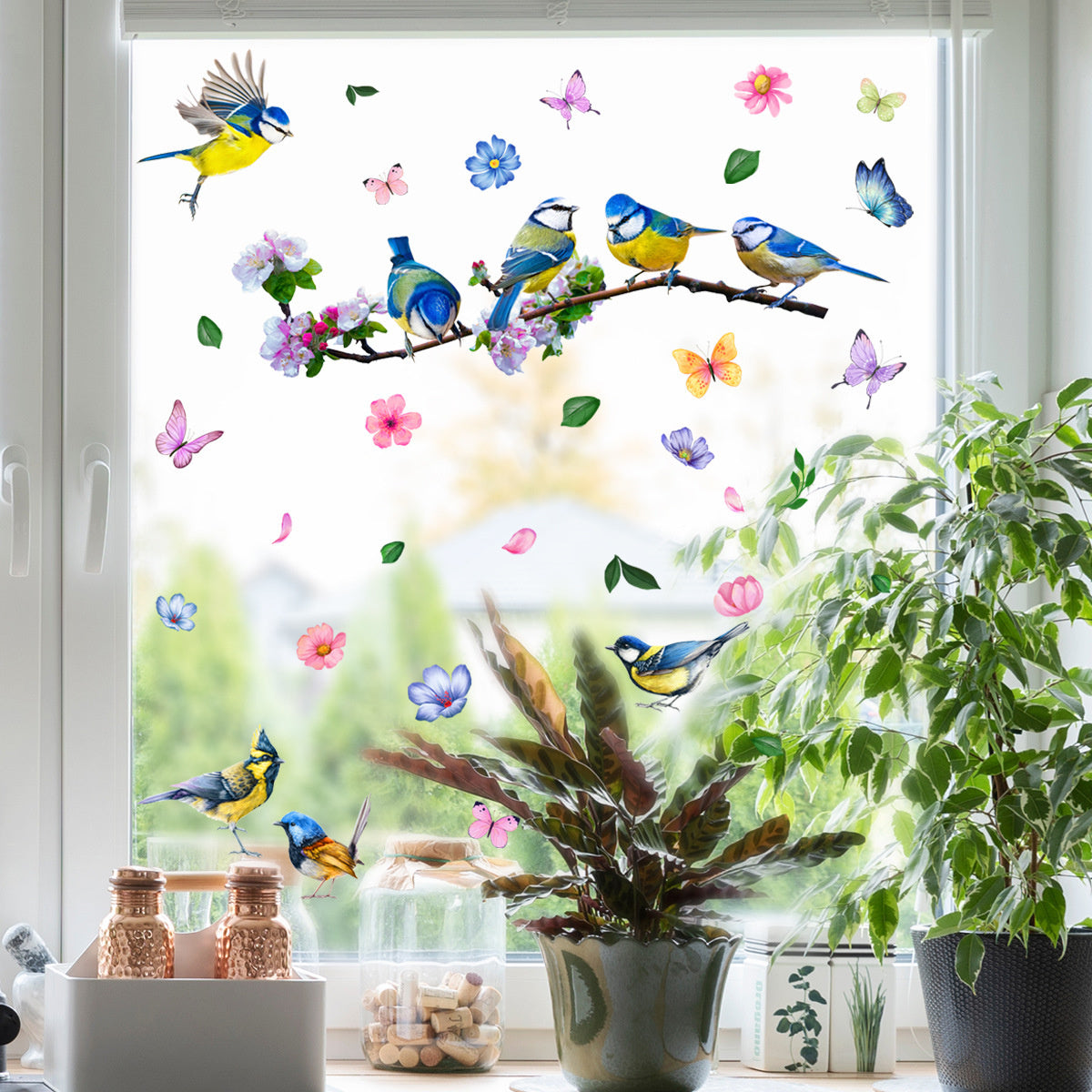 Raamsticker zelfklevend vogels met vlinders