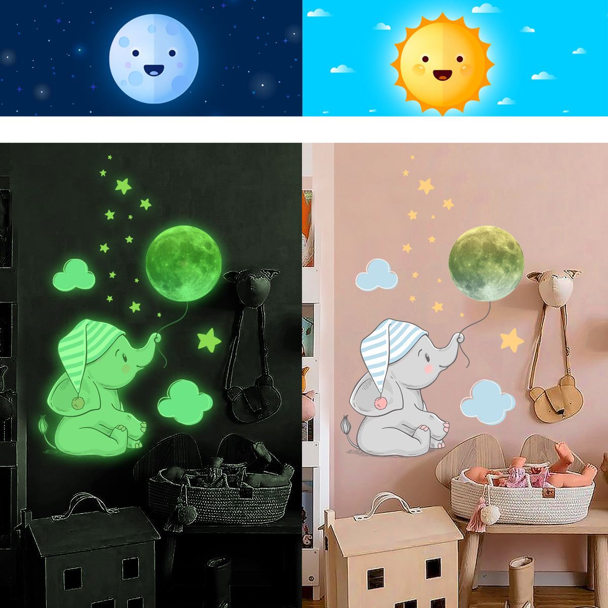 Muursticker olifant glow in the dark kinderkamer