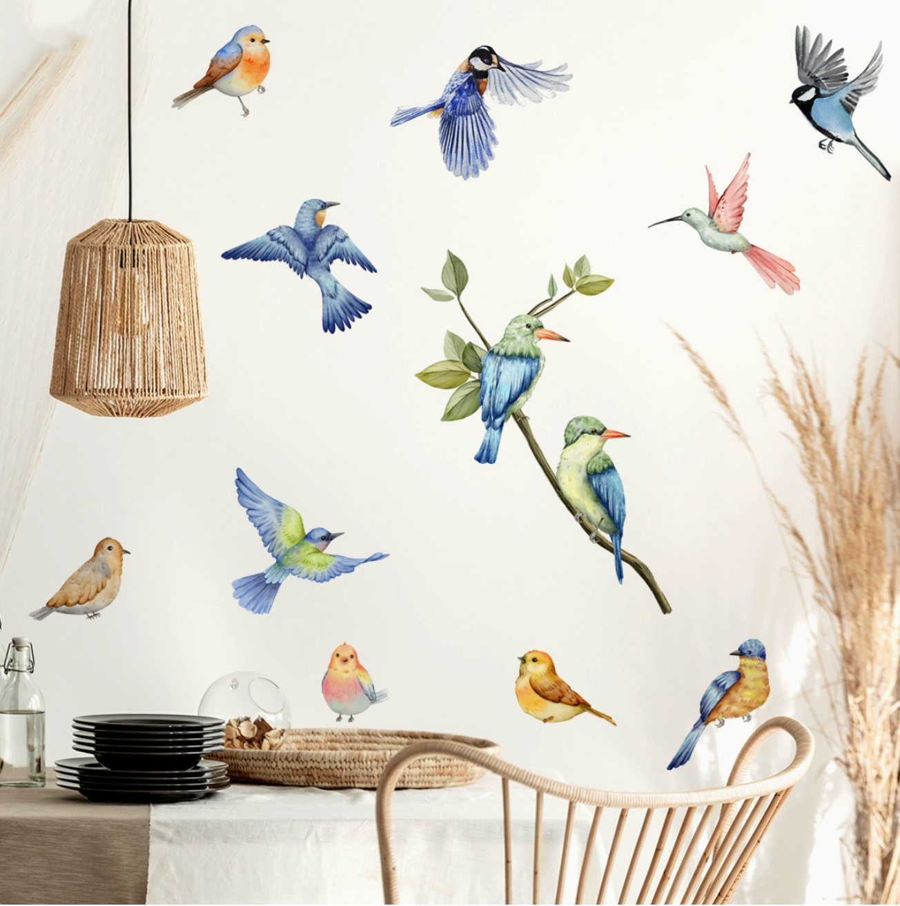 Zelfklevende Muurstickers Takken en Vogels – Natuur Wanddecoratie voor Woonkamer, Slaapkamer & Interieur