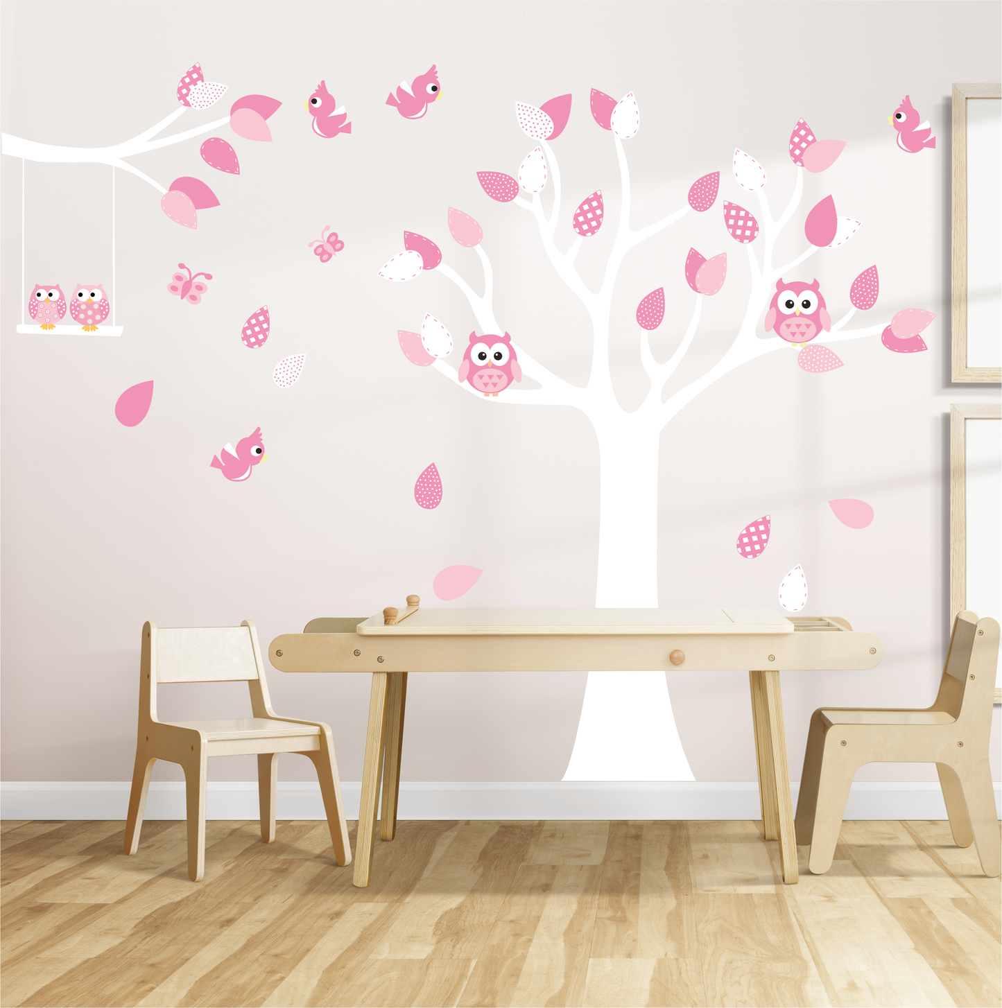 Muursticker boom, tak en uilen roze kinderkamer meisje