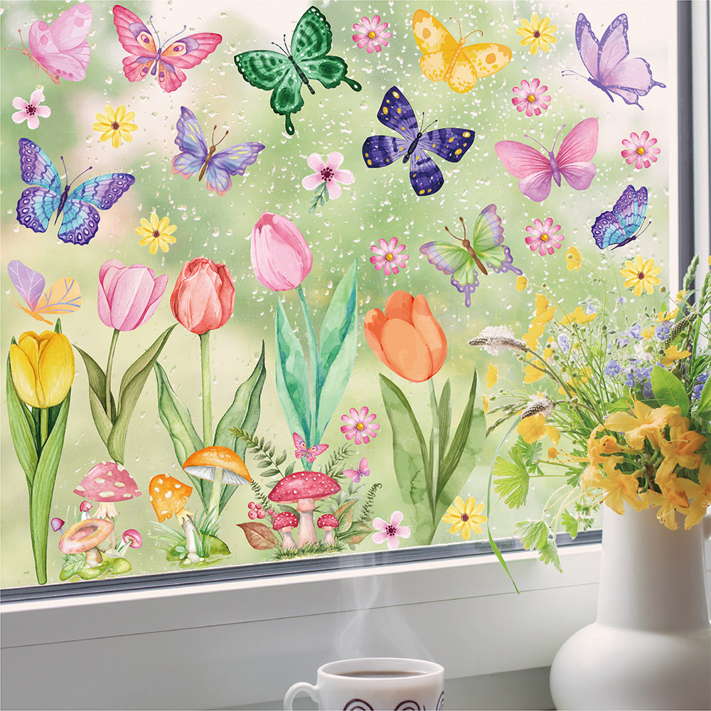 Statische vlinders, tulpen en bloemen raamstickers