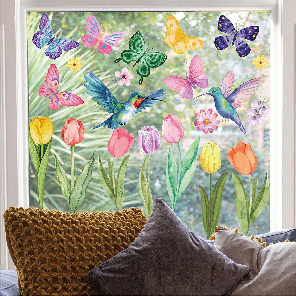Statische vlinders, tulpen en bloemen raamstickers