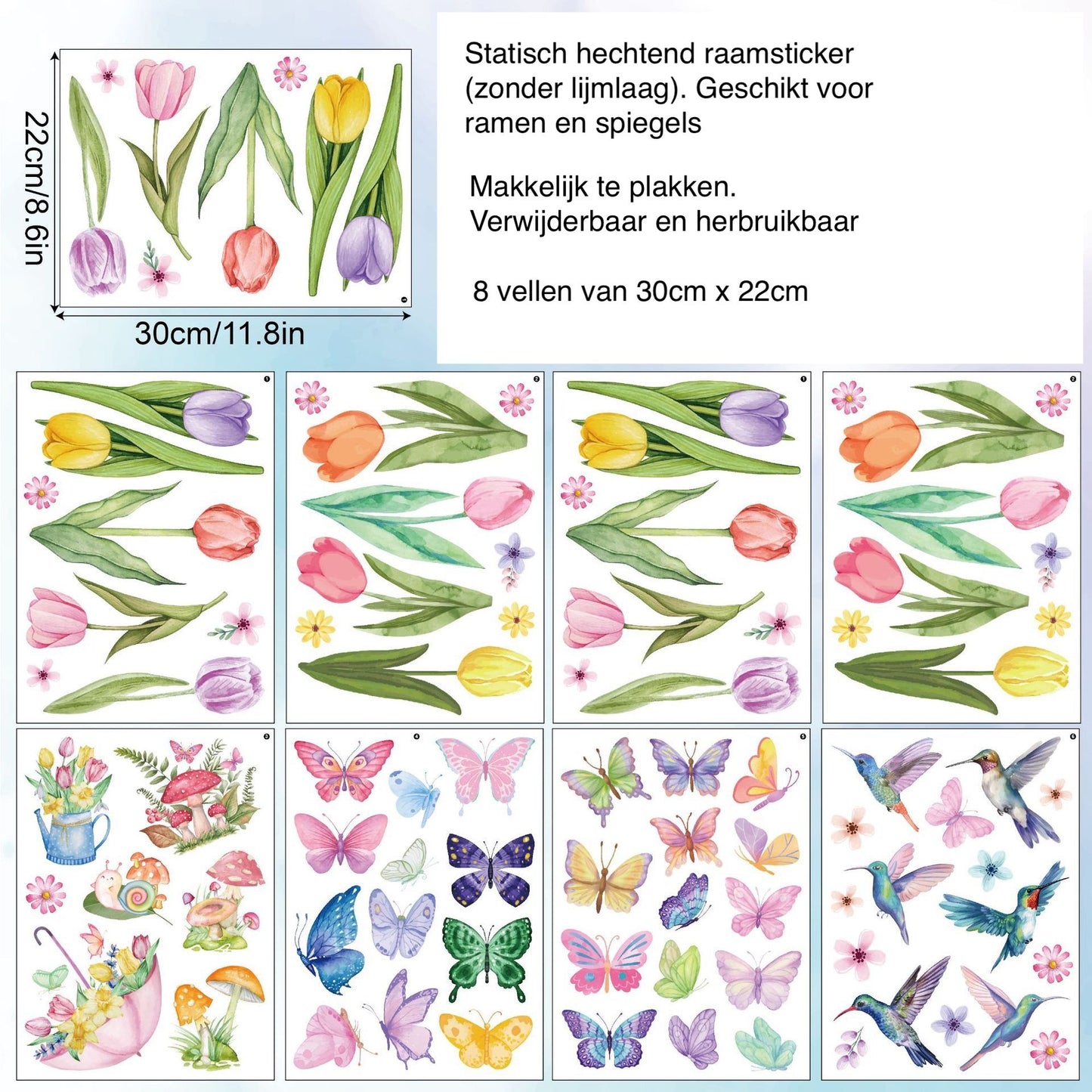 Statische vlinders, tulpen en bloemen raamstickers
