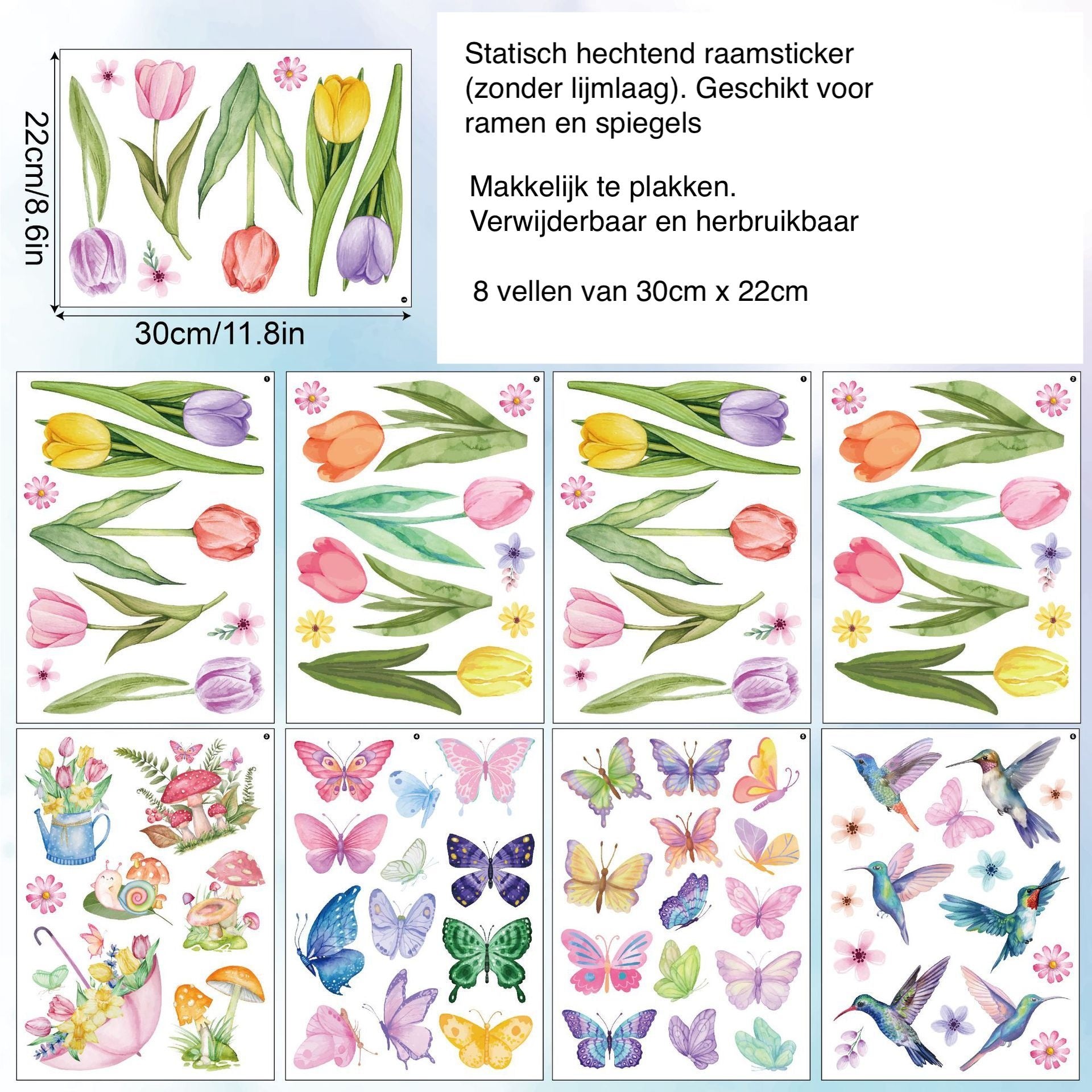 Statische vlinders, tulpen en bloemen raamstickers