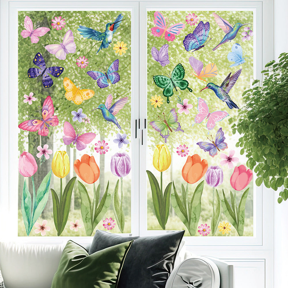 Statische vlinders, tulpen en bloemen raamstickers