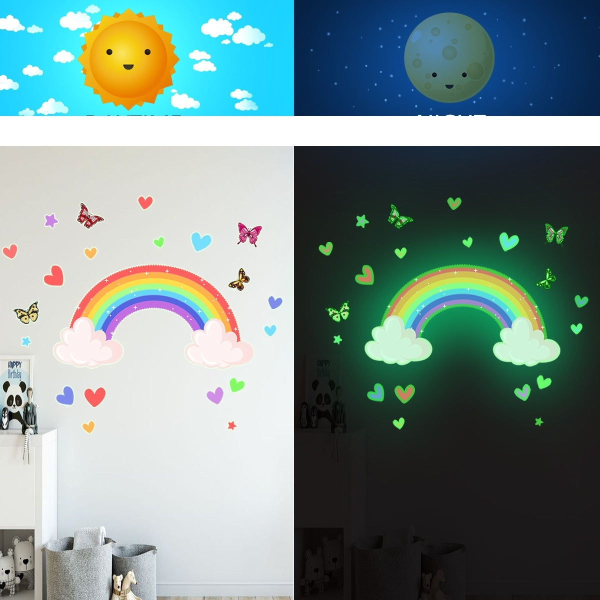 Glow in the Dark Regenboog met wolken Muursticker met Vlinders en Hartjes
