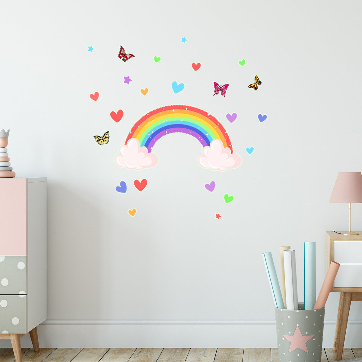 Glow in the Dark Regenboog met wolken Muursticker met Vlinders en Hartjes