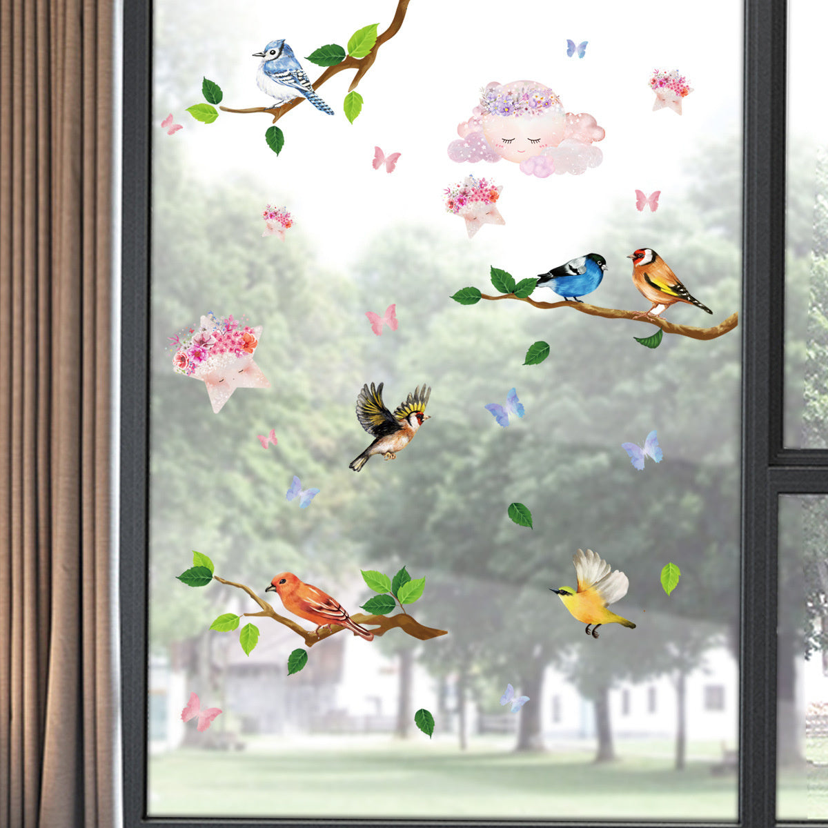 Zelfklevend raamsticker vogels op tak met wolken en sterren