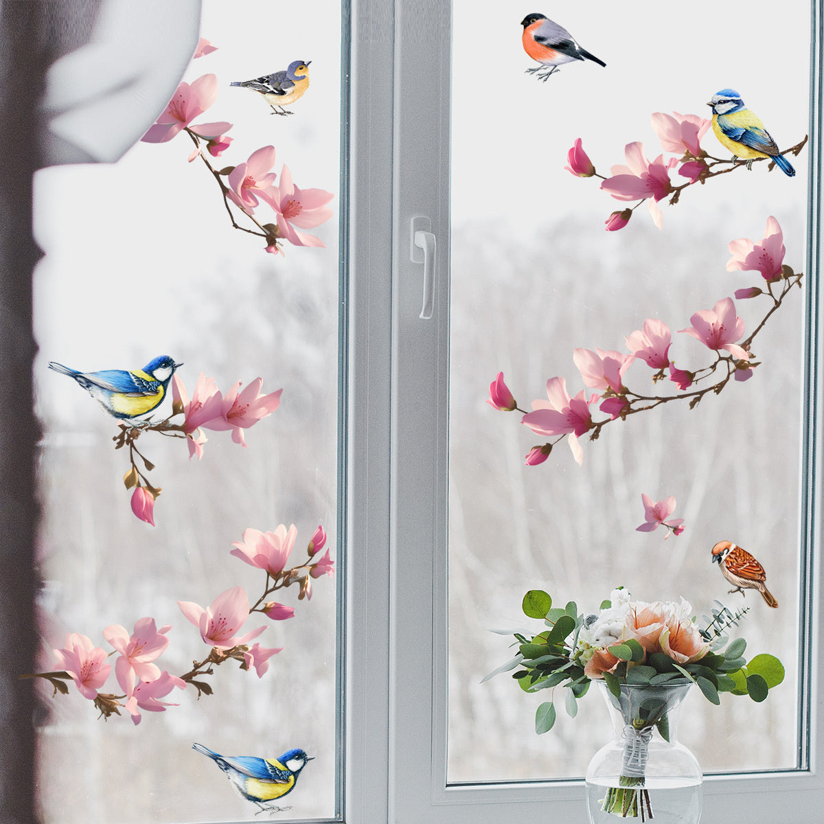 Raamsticker zelfklevend vogels met roze bloemen